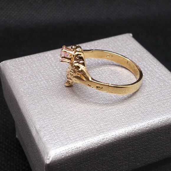 Vintage Open Heart Ring Pink Faceted CZ Stone Gold Nugget Ring Rare Art Nouveau - Picture 6 of 16